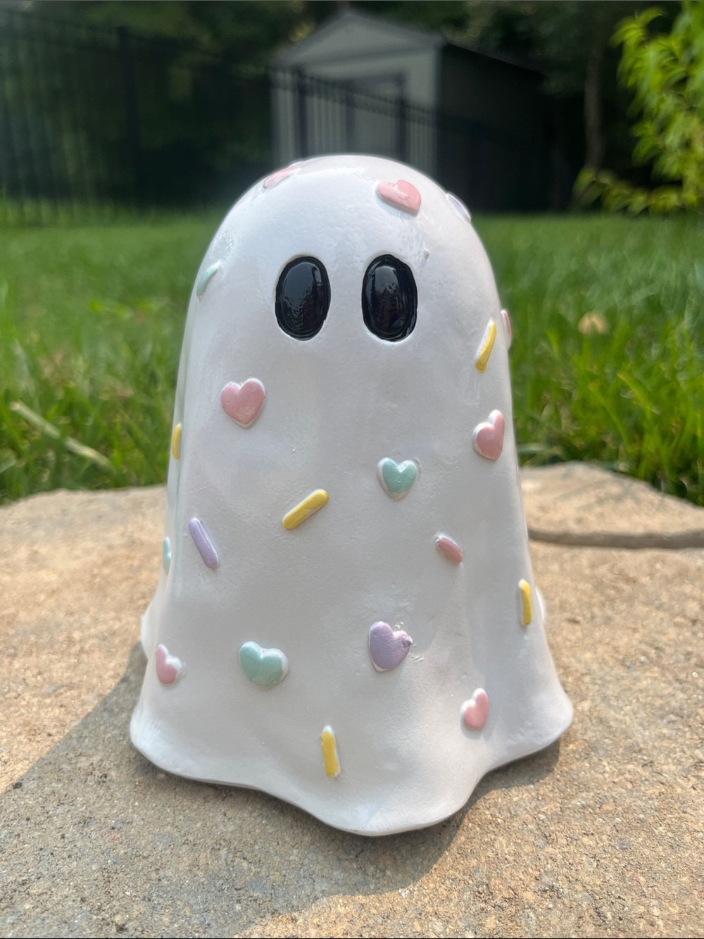 White Ceramic Ghost Figurine with Pastel Hearts